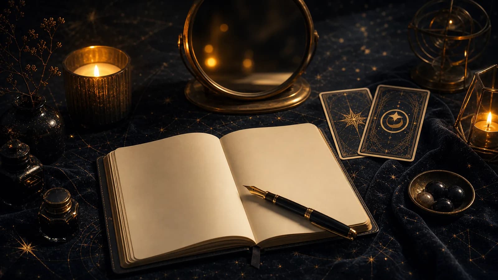 A blank journal, fountain pen, tarot cards, and a glowing mirror on a dark desk