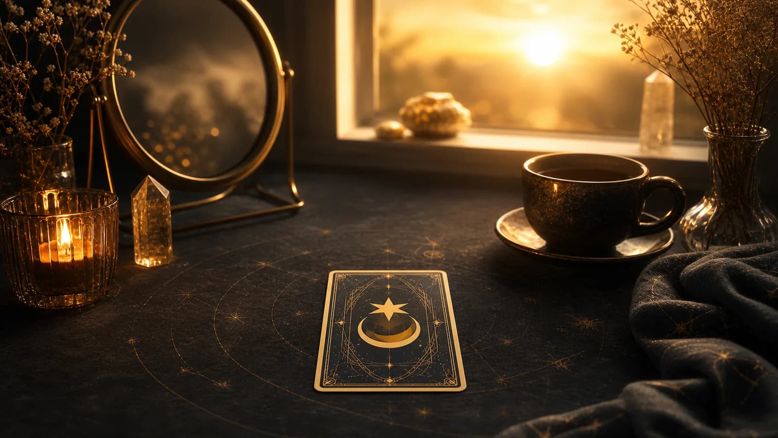 A luminous tarot card on a calm dark desk in soft morning amber light
