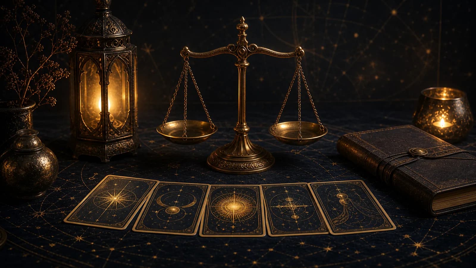 A scale, lantern, tarot cards, and closed journal on a dark table