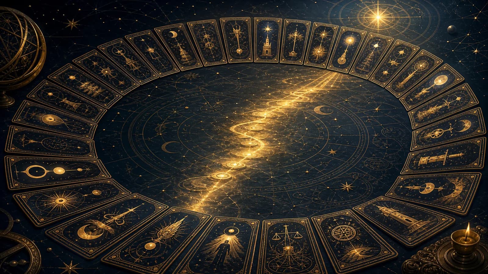 Twenty-two abstract tarot cards form an arc around a golden path of light