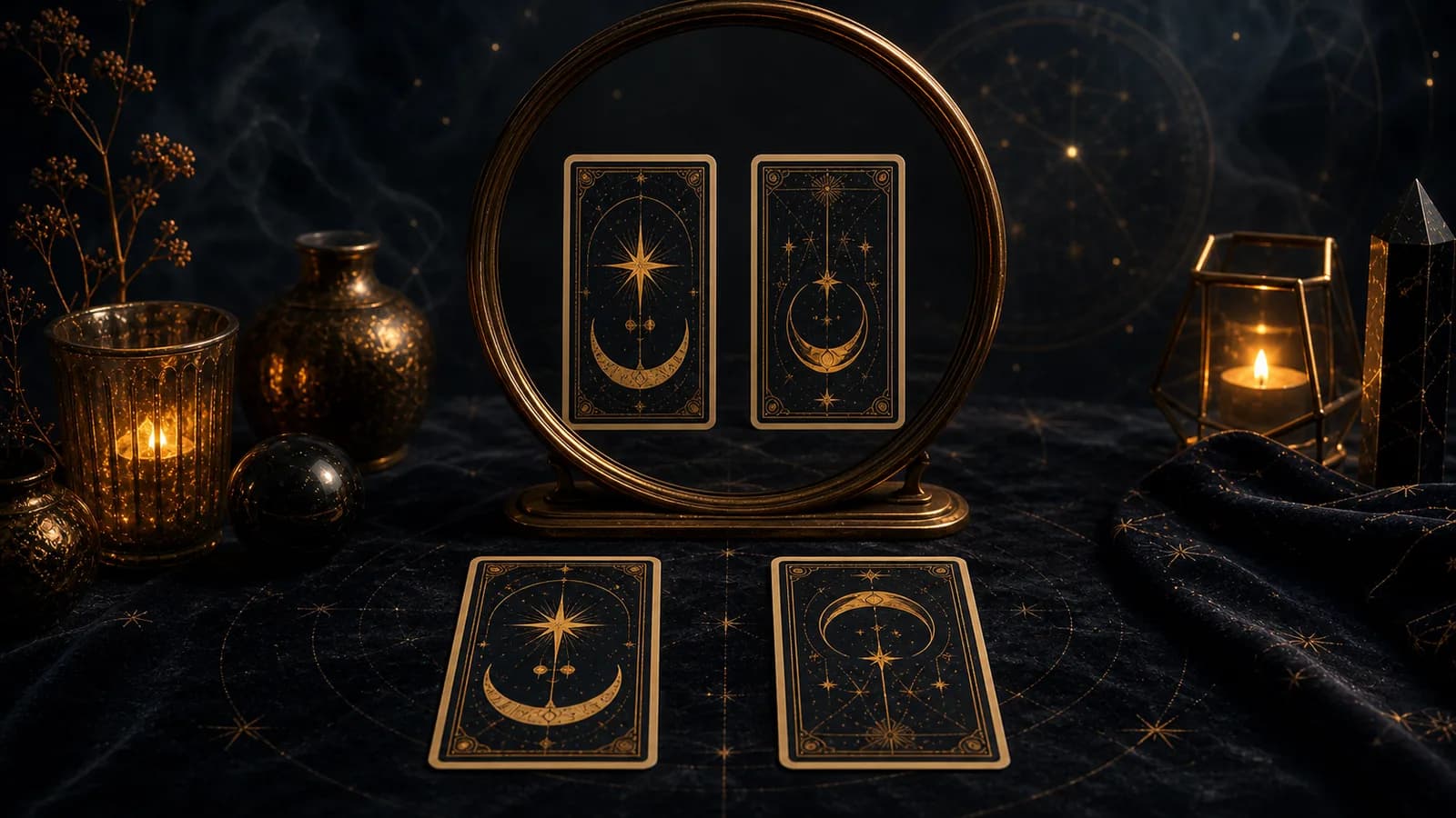 One upright tarot card and one reversed tarot card reflected in a dark round mirror