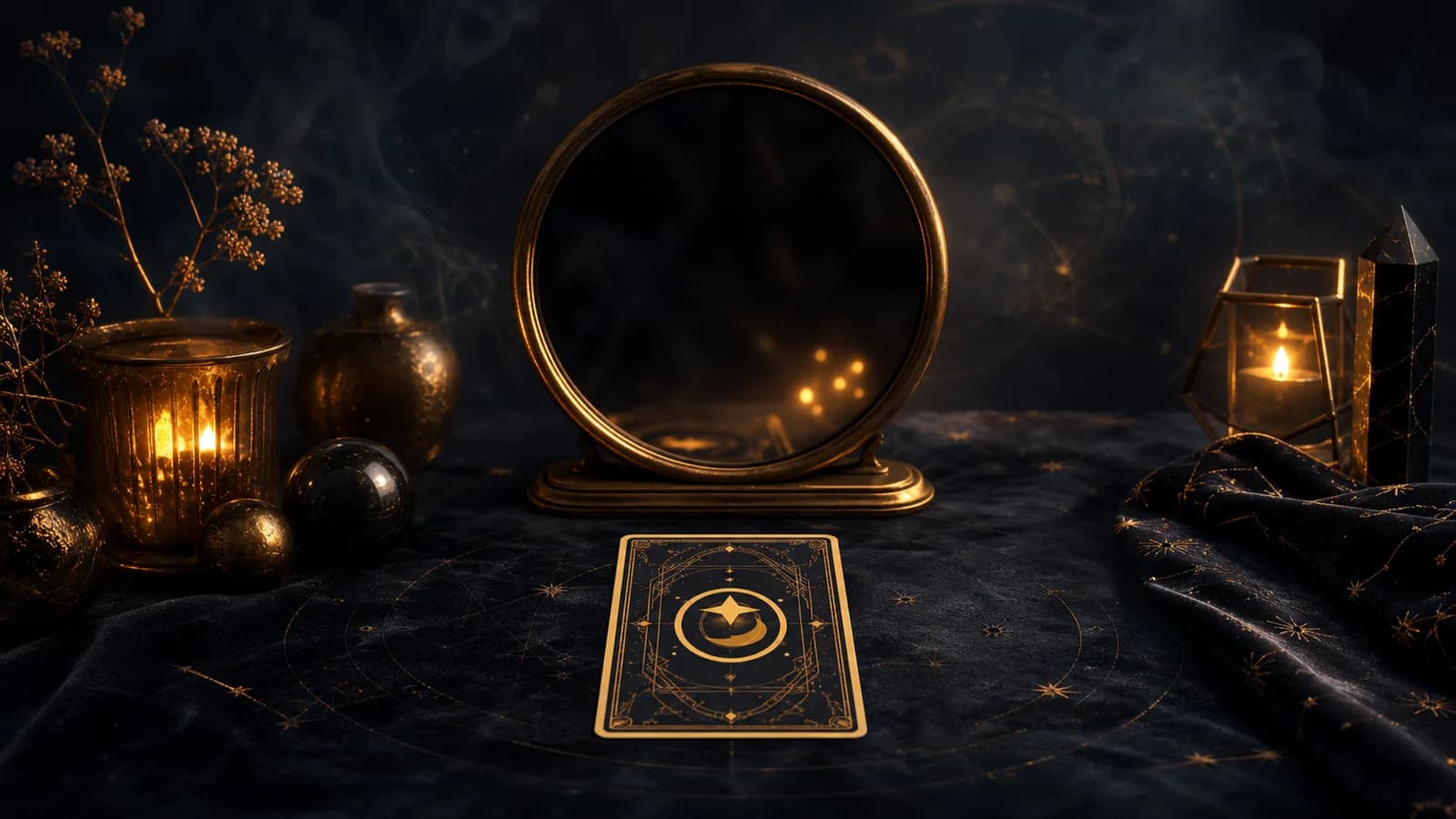 A candlelit dark tarot table with one card and a golden round mirror at the center