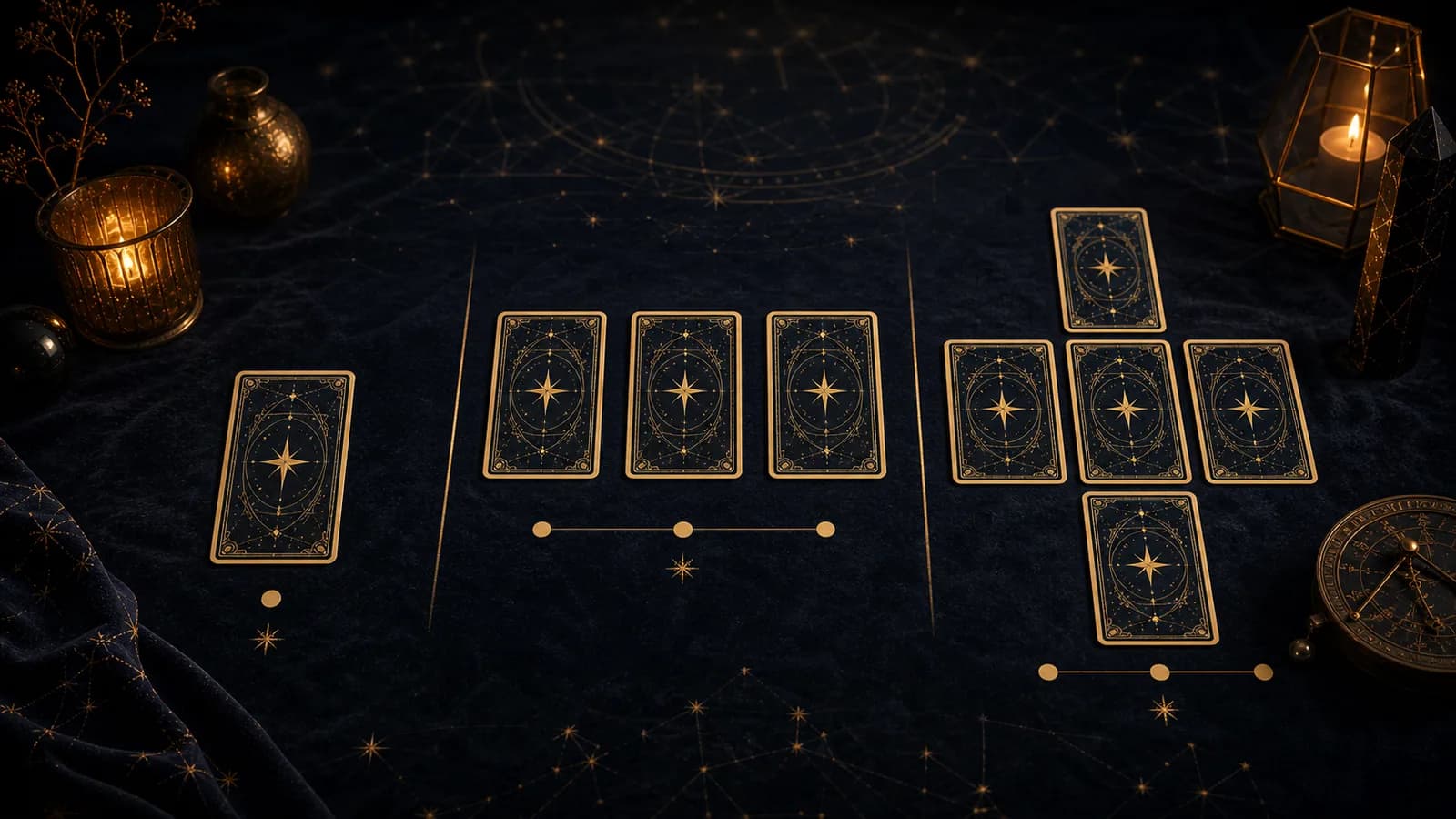 A dark tarot table showing one-card, three-card, and cross-style tarot layouts