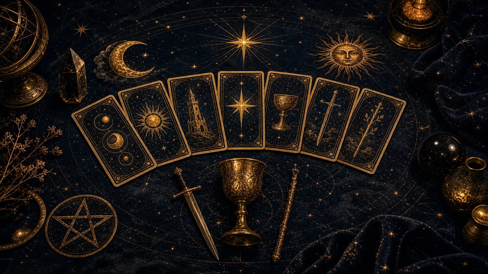 Tarot cards surrounded by golden symbols of moon, sun, tower, cup, sword, and stars