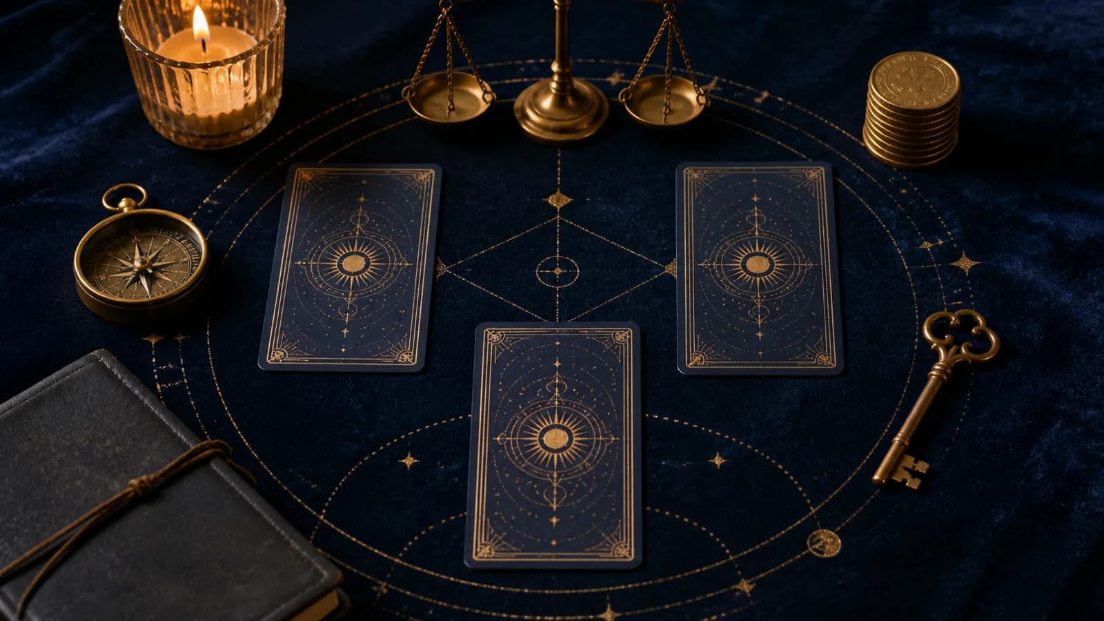 Three tarot cards arranged with a compass, scale, key, coins, and work journal on dark velvet