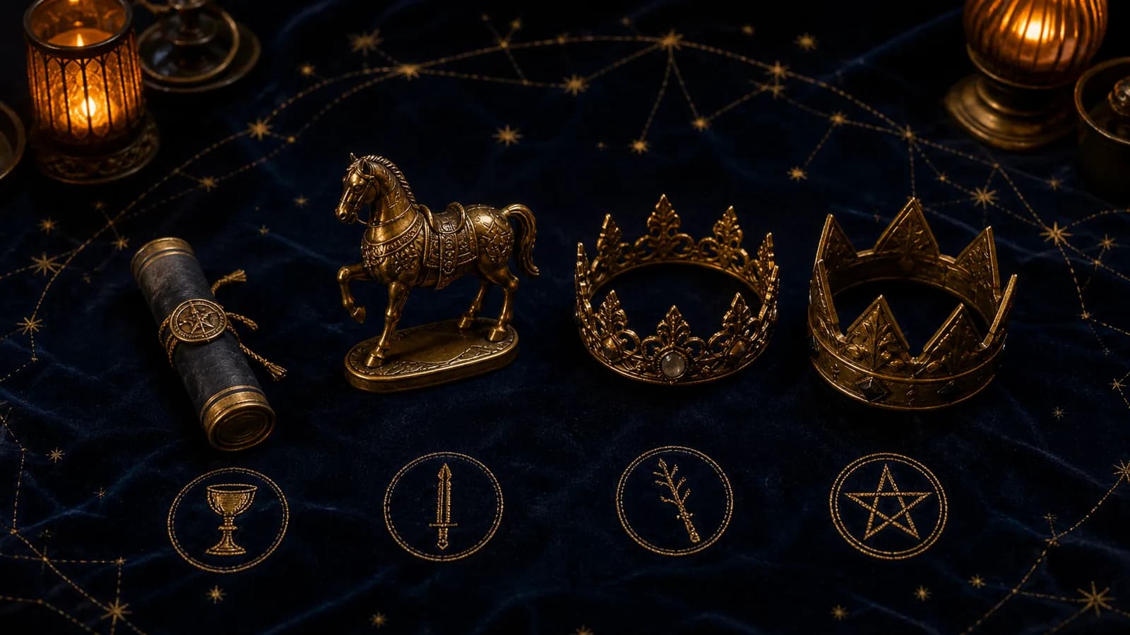 A scroll, horse, and two crowns representing the four tarot court ranks on midnight-blue velvet