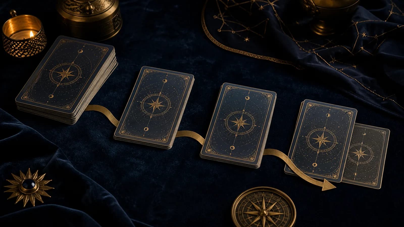A tarot deck divided into several neat piles with a gold ribbon showing the draw sequence