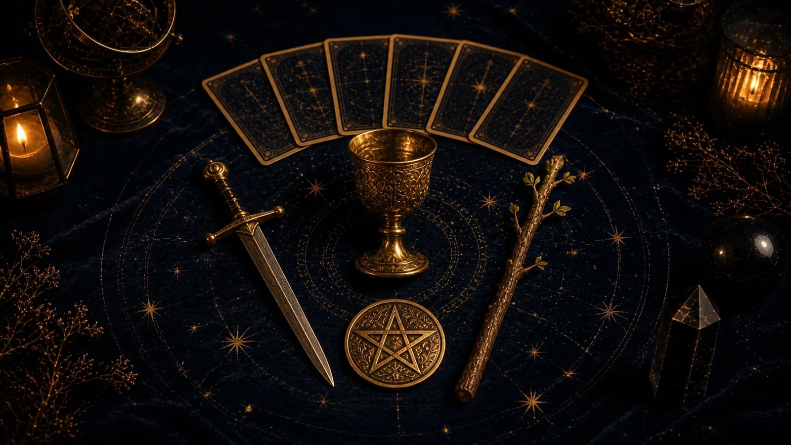 A golden cup, sword, wooden wand, and pentacle arranged on midnight-blue velvet