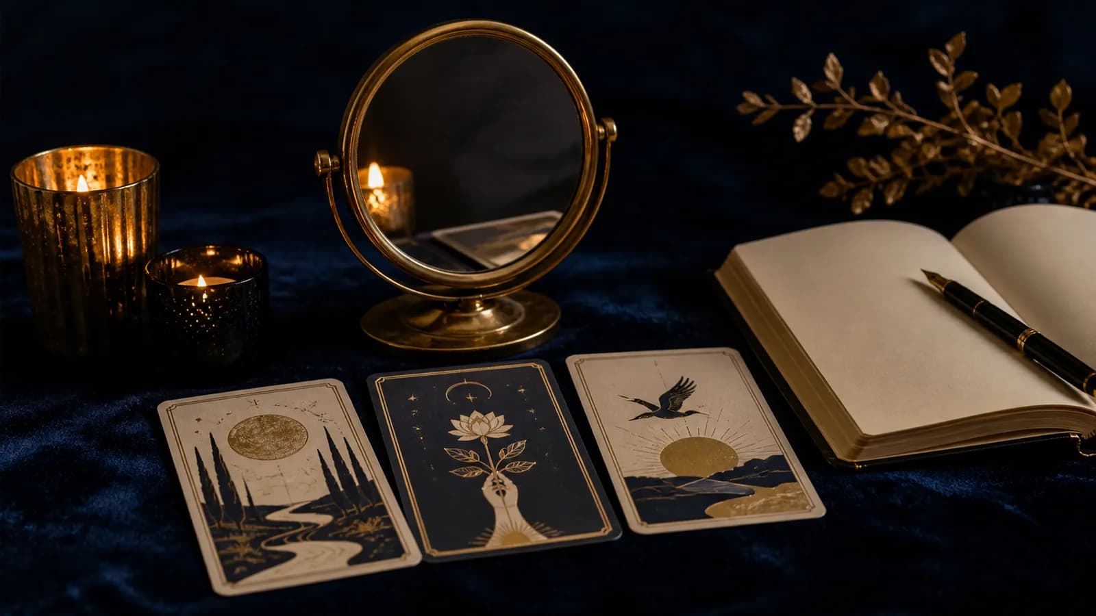 Three tarot cards, a brass mirror, and a blank journal arranged for a calm self-reading