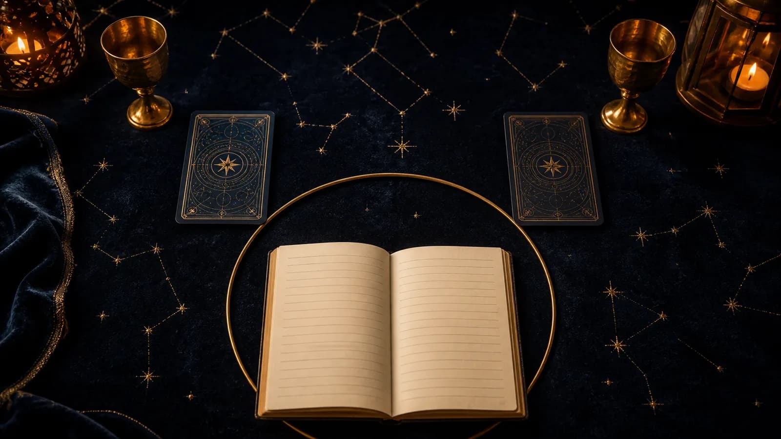 Two tarot cards and two cups placed around an open journal inside a golden boundary circle