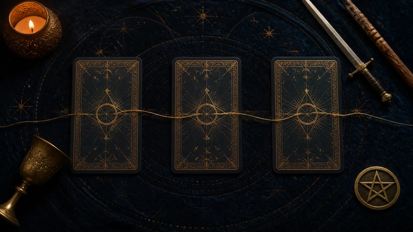 Three navy-and-gold tarot cards connected by a single golden thread on dark velvet