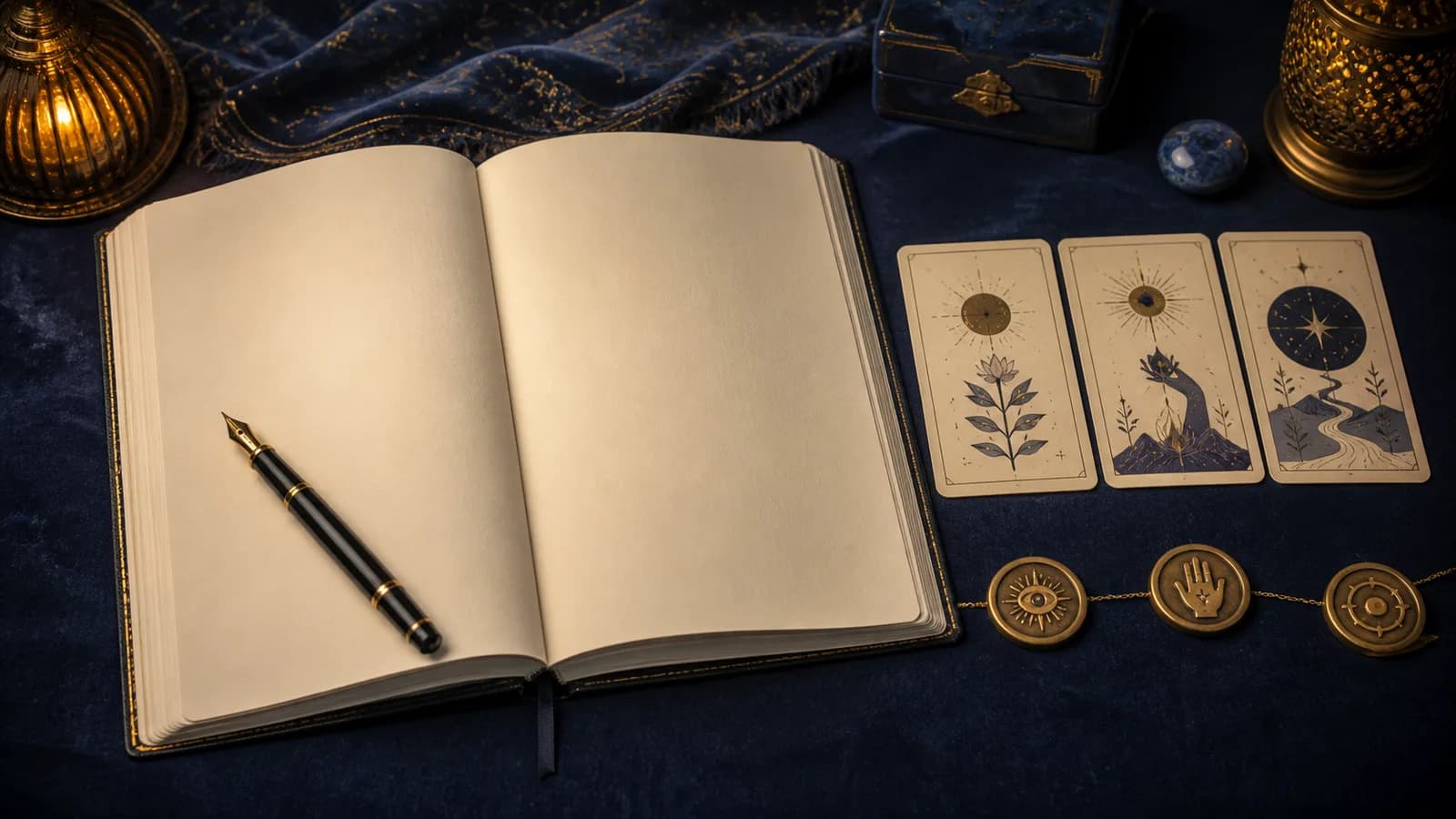 A blank open journal beside three tarot cards and brass tokens for observation, action, and review