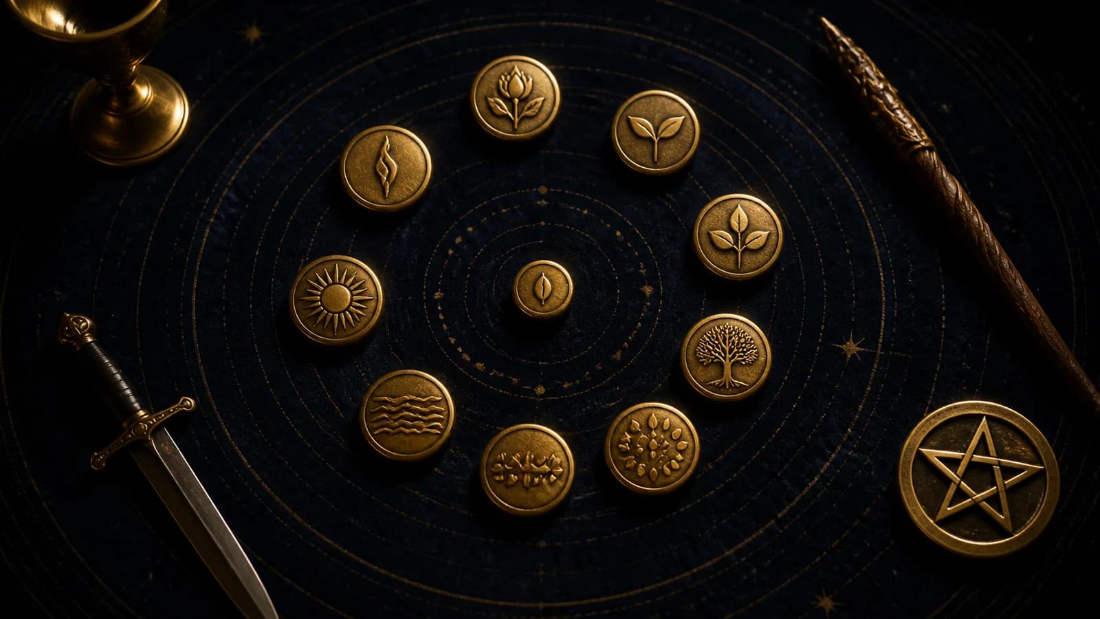 Ten engraved golden tokens arranged in an expanding spiral on midnight-blue velvet