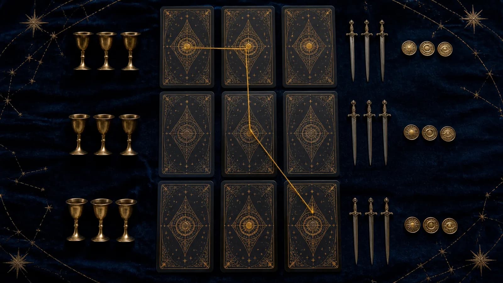 A nine-card tarot grid surrounded by repeated groups of cups, swords, and golden tokens