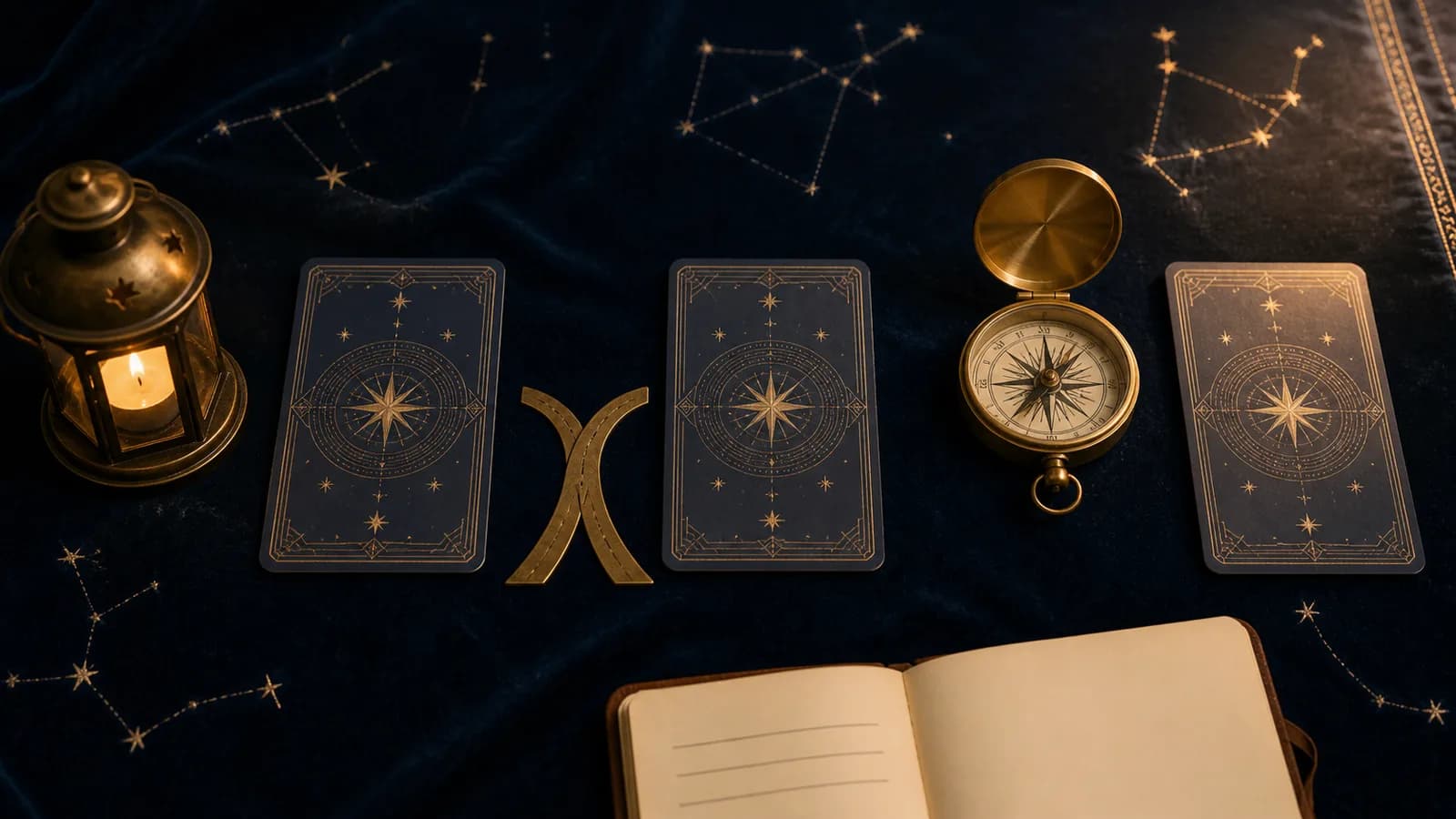 Three navy tarot cards arranged with a lantern, crossroads, compass, and open journal