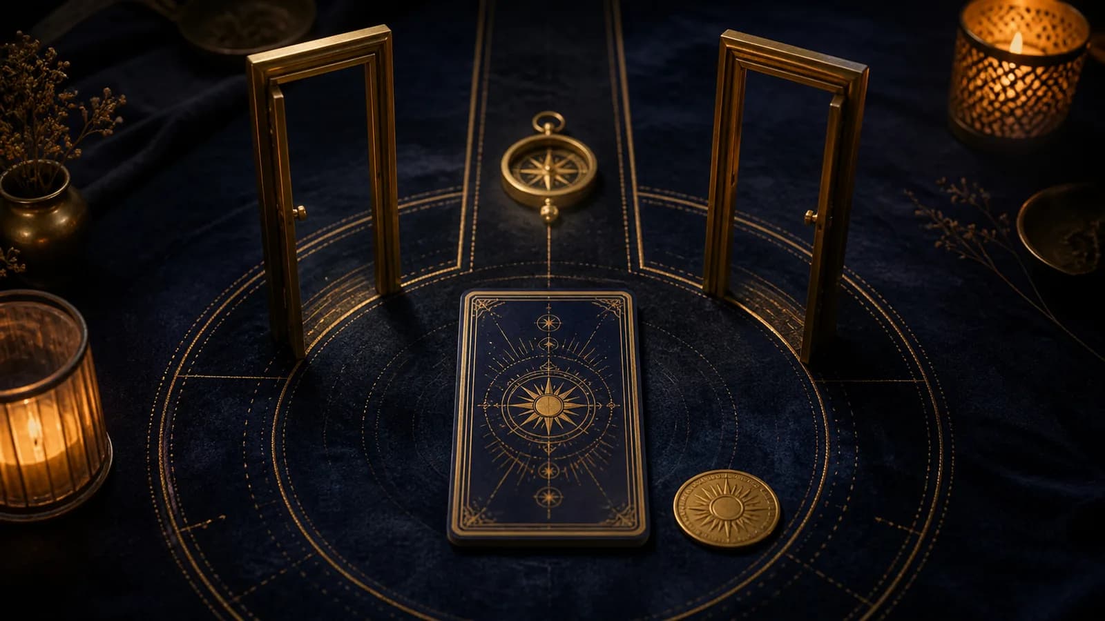 One tarot card between two open golden doorframes with a compass and a path continuing beyond them